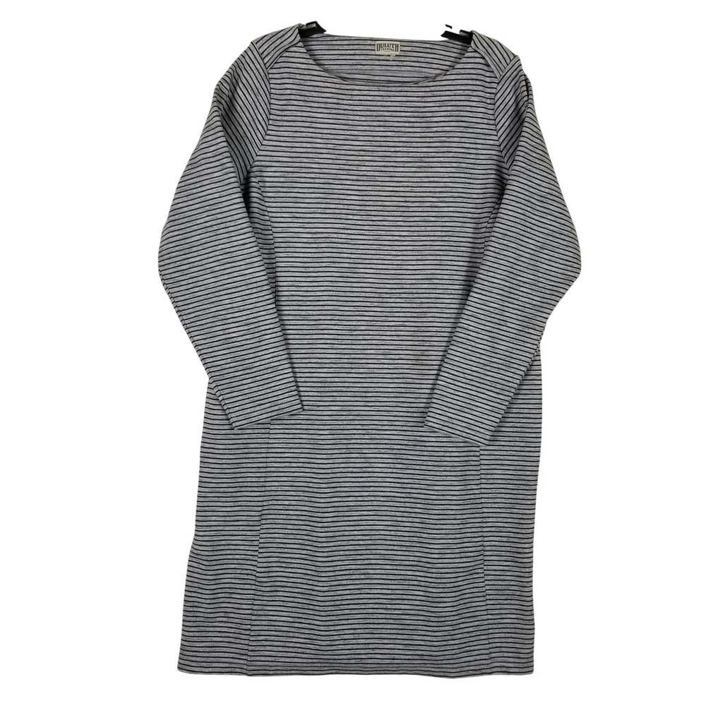 Duluth Trading Co Shift Dress Womens L Gray Black Striped Long Sleeve Pockets